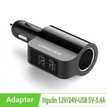 Tẩu sạc nguồn trên ô tô 2 cổng USB 2.4A và 1A Ugreen 20394, có đầu mở rộng 12V